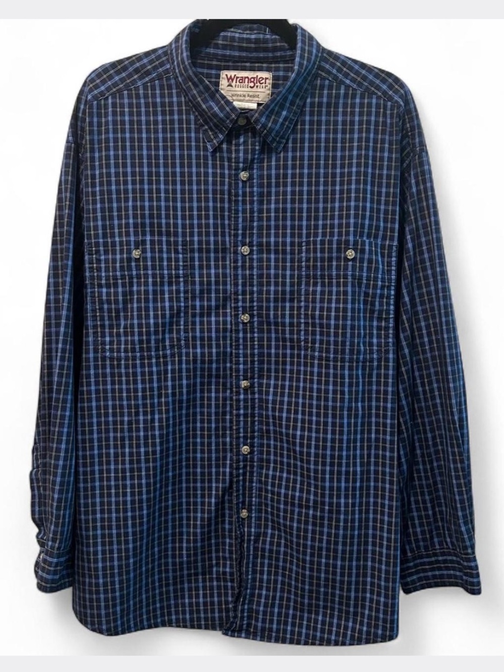 Wrangler Rugged Wear Navy Plaid Button Up Shirt Western Workwear Cotton Shirt 3X